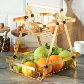 2-Tier Gold Metal Fruit Basket Stand