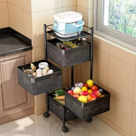 Metal 4-Layer Kitchen Rotating Trolley | Portable Storage Organizer – Black