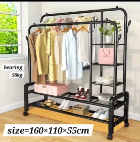 Portable Rolling Clothing Coat Organizer Rack with Bottom Rack-160cm