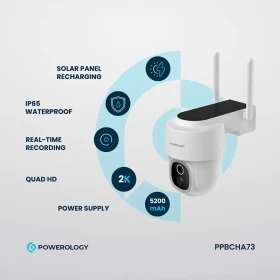 Powerology Built-In Solar Pan & Tilt Outdoor Camera – White | Secure Anywhere, Powered by the Sun!