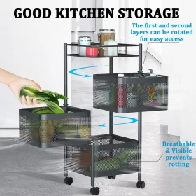 Metal 3-Layer Kitchen Rotating Trolley | Portable Storage Organizer – Black